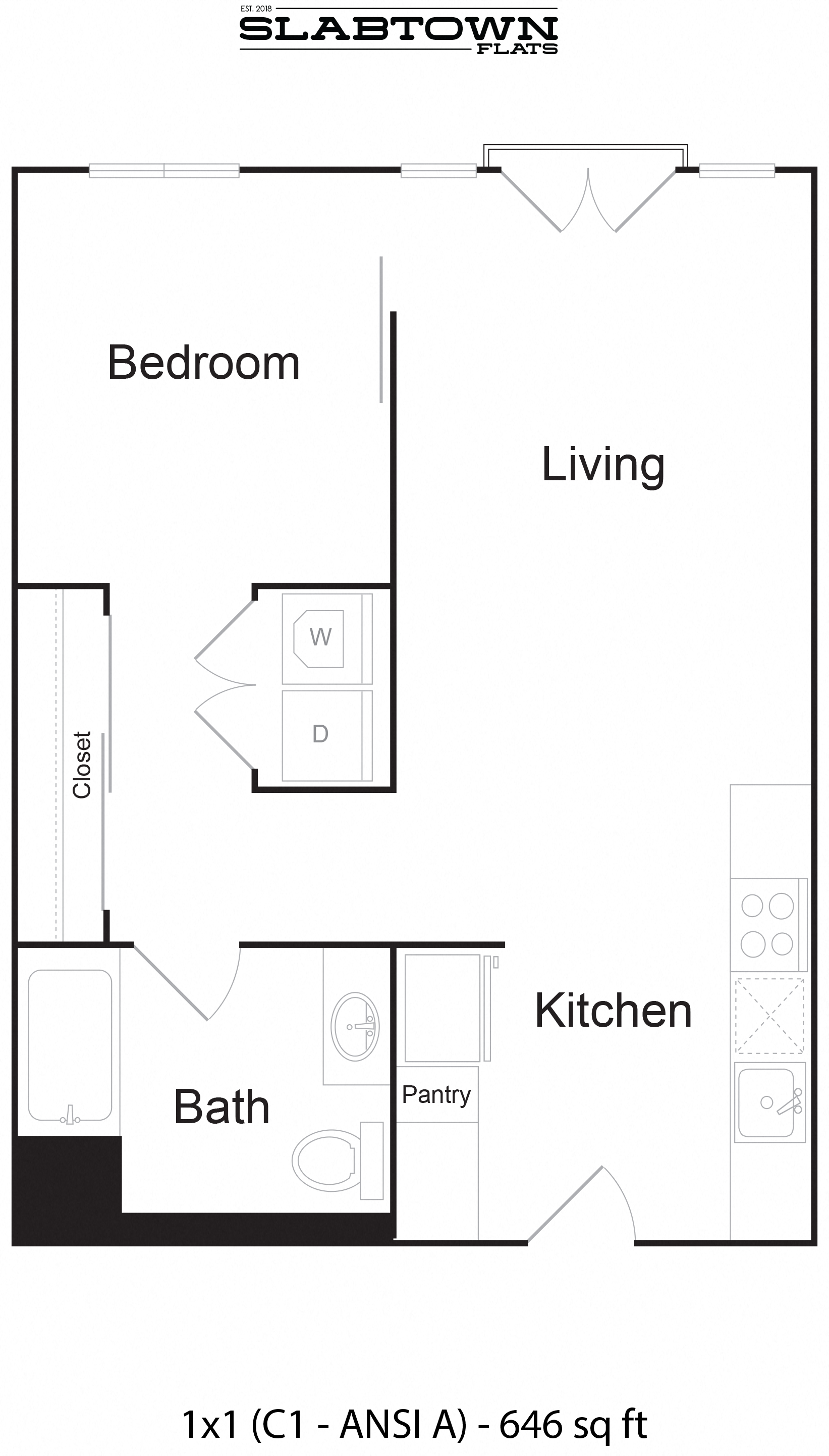 Floor plan for 1 bed, 1 bath, 646 sqft